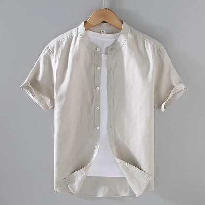 Men's Mandarin Collar Short Sleeve Casual Shirt — Cotton Blend Vintage Beach Style | 8 Colors Asia M–5XL