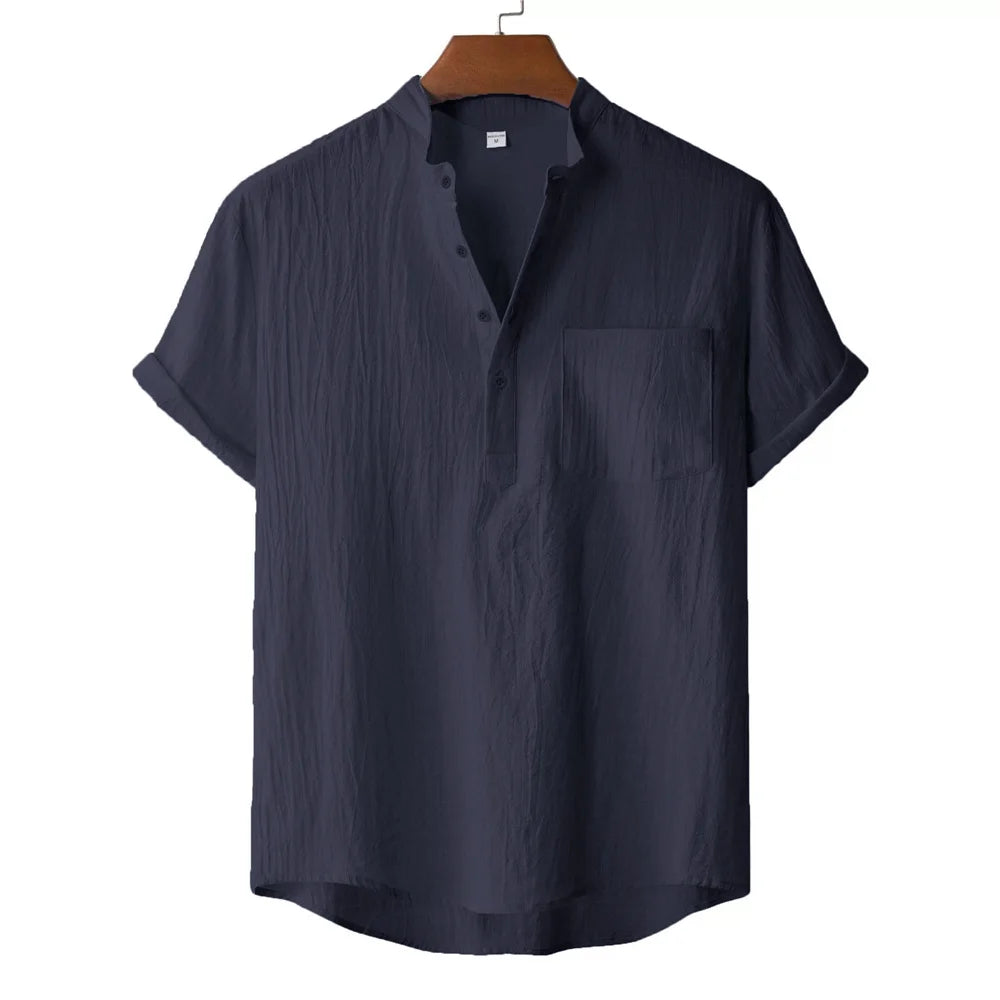 Men's Cotton Linen Henley T-Shirt — Lightweight Breathable Beach Casual Short Sleeve Top