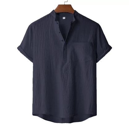 Men's Cotton Linen Henley T-Shirt — Lightweight Breathable Beach Casual Short Sleeve Top