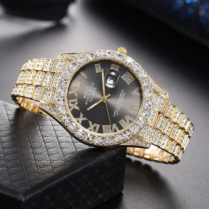 Men's Diamond Rhinestone Quartz Watch — Luxury Gold Bling Calendar Wristwatch