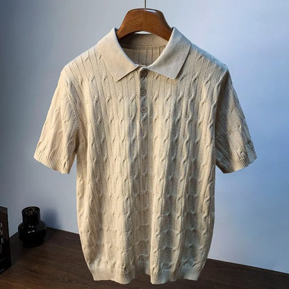 Men's Retro Cable Knit Polo Shirt — Anti-Pilling Short Sleeve Luxury Texture Summer Top | 3 Colors M–4XL
