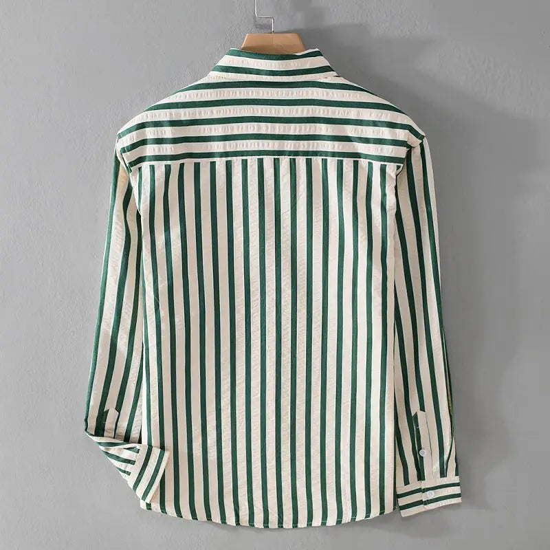 Men's Striped Long Sleeve Shirt — Turn-Down Collar Casual Button-Up | Black, Khaki, Green