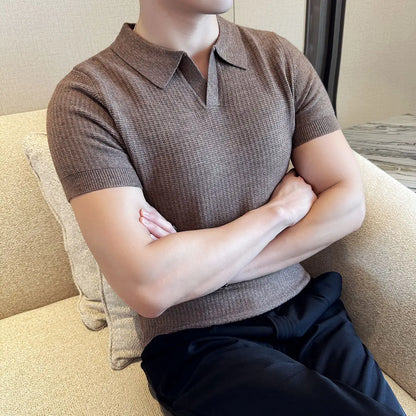 Men's Korean Style Slim Fit Polo Shirt — Solid Color Casual Knit Short Sleeve Top