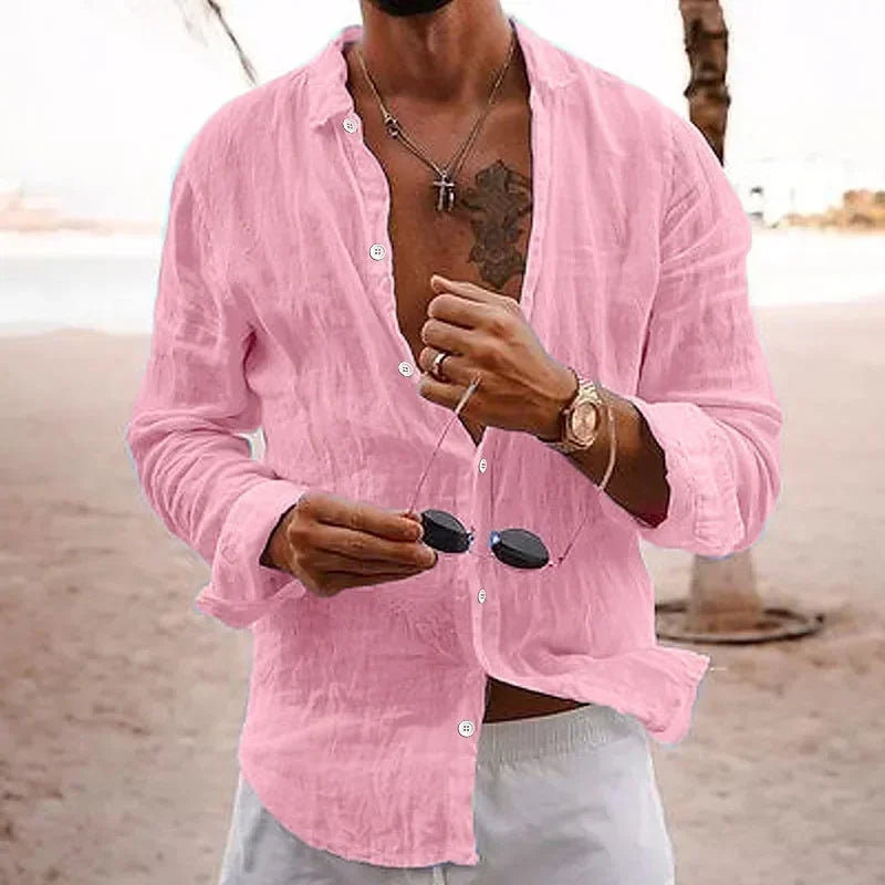 Men's Cotton Linen Casual Shirt — Loose Solid Long Sleeve Button-Up | 12 Colors S–XXXL