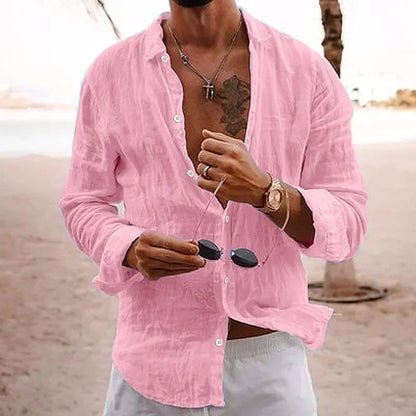 Men's Cotton Linen Casual Shirt — Loose Solid Long Sleeve Button-Up | 12 Colors S–XXXL