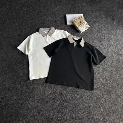 Men's Houndstooth Plaid Collar Polo Shirt — American Style Fake Two-Piece Business Casual Tee Top