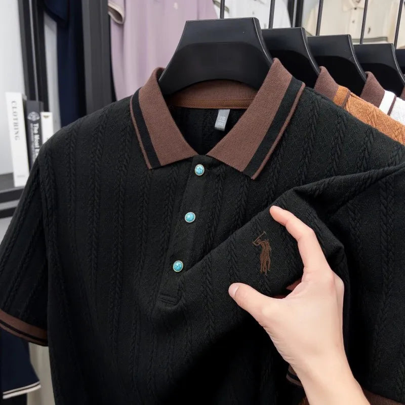 Men's Embroidered Knit Polo Shirt — Breathable Contrast Color Short Sleeve Korean Casual Top