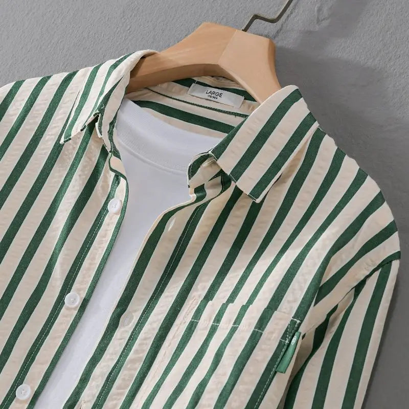 Men's Striped Long Sleeve Shirt — Turn-Down Collar Casual Button-Up | Black, Khaki, Green