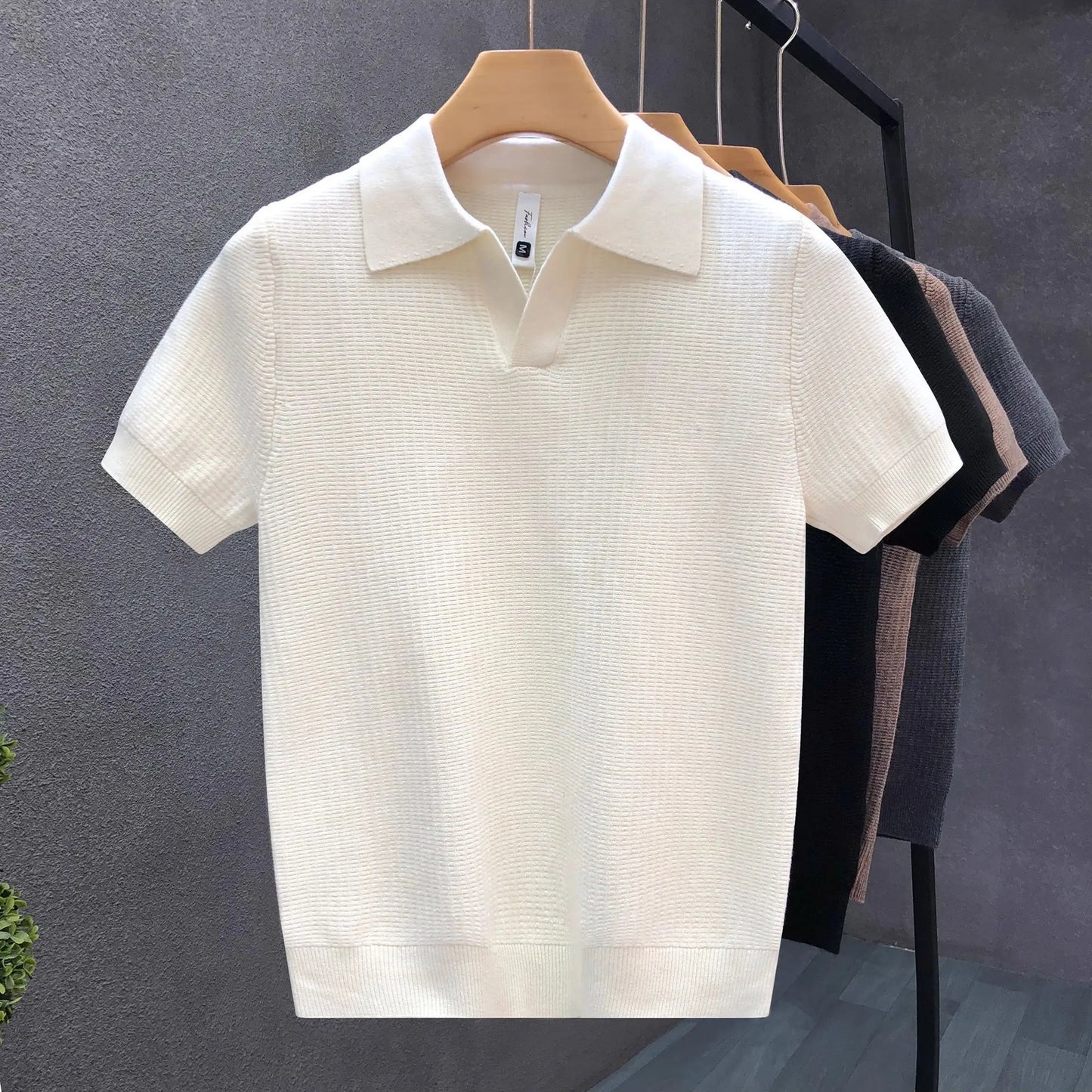 Men's Korean Style Slim Fit Polo Shirt — Solid Color Casual Knit Short Sleeve Top