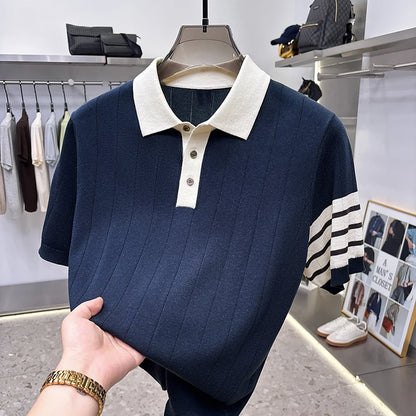 Men's Color Block Knitted Polo Shirt — Short Sleeve Striped Casual Summer T-Shirt Korean Style