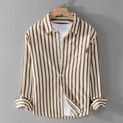 Men's Striped Long Sleeve Shirt — Turn-Down Collar Casual Button-Up | Black, Khaki, Green