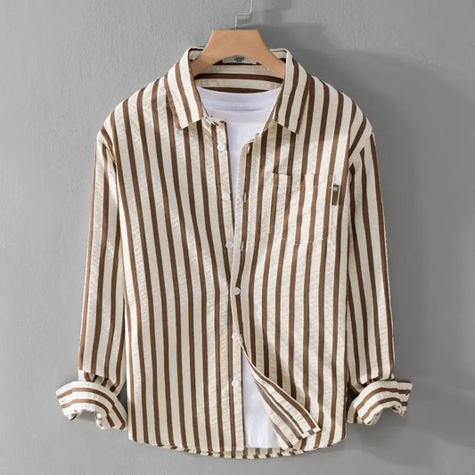 Men's Striped Long Sleeve Shirt — Turn-Down Collar Casual Button-Up | Black, Khaki, Green