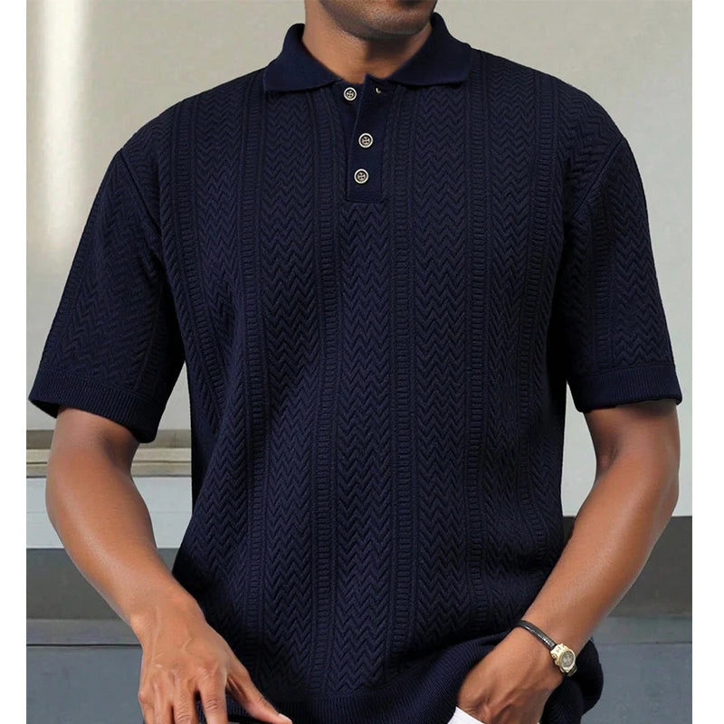 Men's Textured Knit Polo Shirt — Smart Casual Button Collar Short Sleeve Top