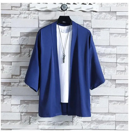 Men's Japanese Kimono Shirt — Open-Front Samurai Yukata Cardigan 3/4 Sleeve Summer Outwear