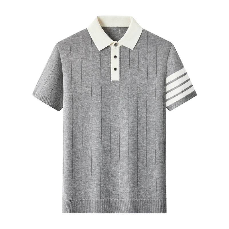 Men's Color Block Knitted Polo Shirt — Short Sleeve Striped Casual Summer T-Shirt Korean Style