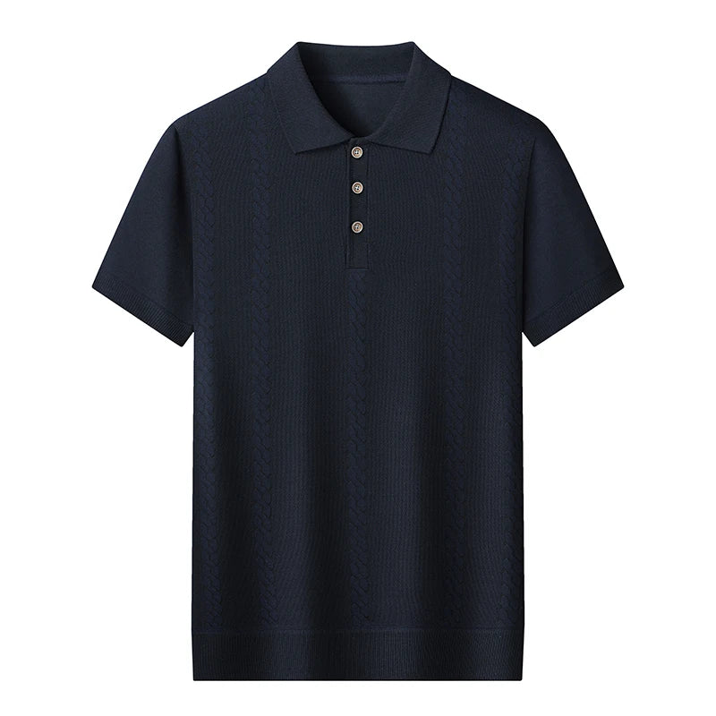 Men's Textured Knit Polo Shirt — Smart Casual Button Collar Short Sleeve Top