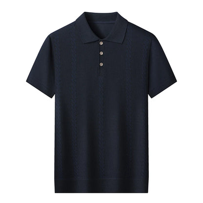 Men's Textured Knit Polo Shirt — Smart Casual Button Collar Short Sleeve Top