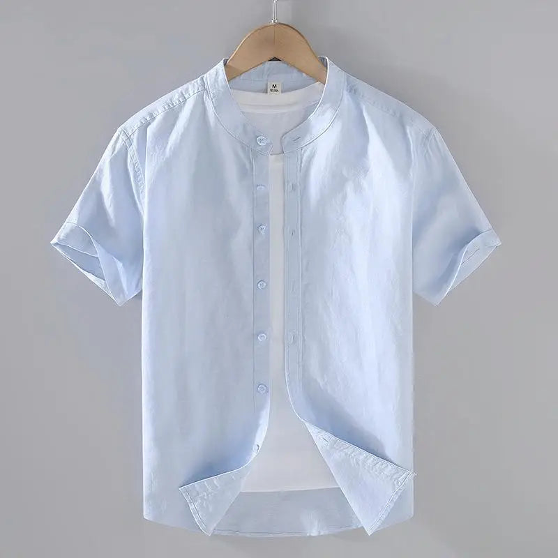 Men's Mandarin Collar Short Sleeve Casual Shirt — Cotton Blend Vintage Beach Style | 8 Colors Asia M–5XL