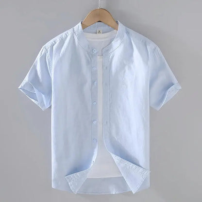 Men's Mandarin Collar Short Sleeve Casual Shirt — Cotton Blend Vintage Beach Style | 8 Colors Asia M–5XL