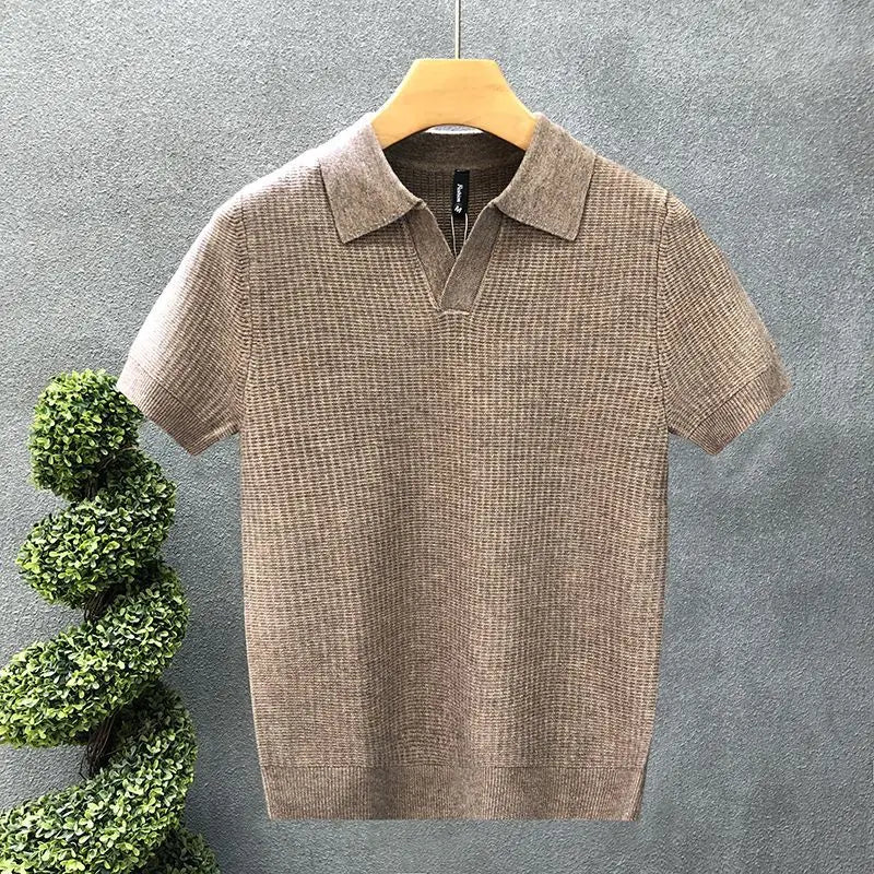 Men's Korean Style Slim Fit Polo Shirt — Solid Color Casual Knit Short Sleeve Top