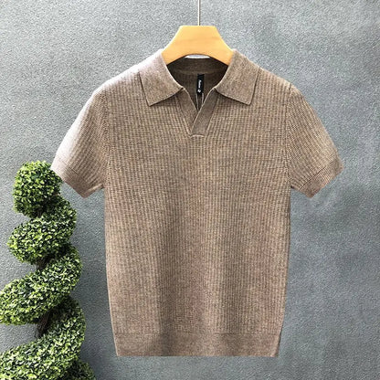 Men's Korean Style Slim Fit Polo Shirt — Solid Color Casual Knit Short Sleeve Top