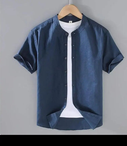 Men's Mandarin Collar Short Sleeve Casual Shirt — Cotton Blend Vintage Beach Style | 8 Colors Asia M–5XL