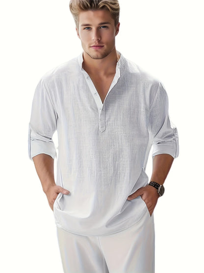 Men's Long Staple Cotton Linen Stand Collar Shirt — Breathable Loose Fit Solid Color Casual Top | 13 Colors S–XXXL