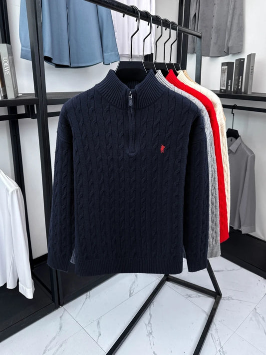 Men's Embroidered Mock Neck Knit Pullover — Luxury Half-Zip Casual Winter Sweater