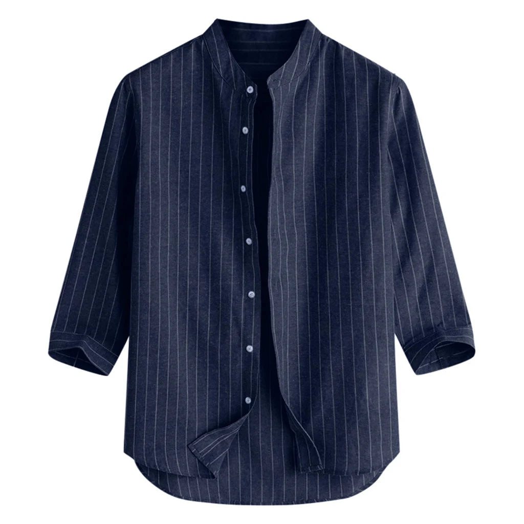 Men's Cotton Linen Long Sleeve Polo Shirt — Stand Collar Casual Beach Style Top