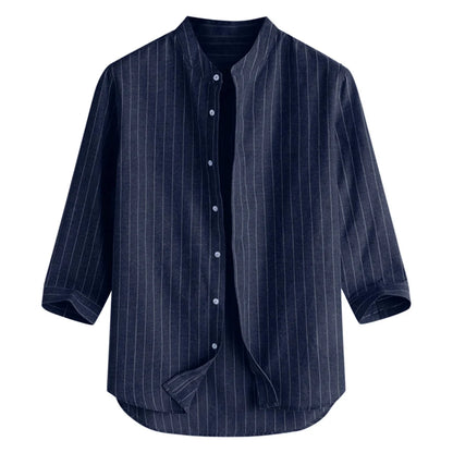 Men's Cotton Linen Long Sleeve Polo Shirt — Stand Collar Casual Beach Style Top