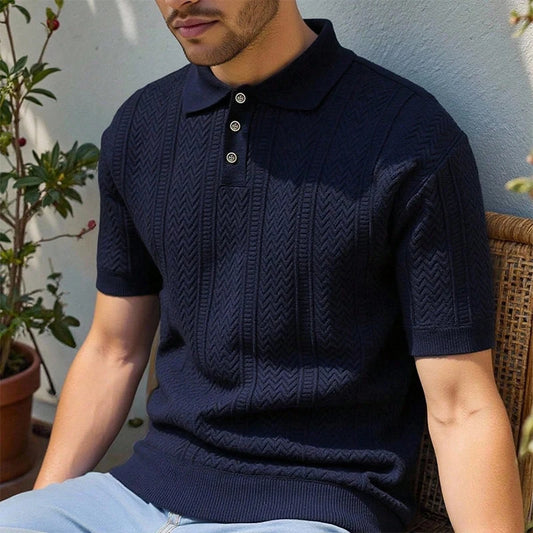 Men's Textured Knit Polo Shirt — Smart Casual Button Collar Short Sleeve Top