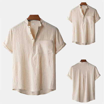 Men's Cotton Linen Henley T-Shirt — Lightweight Breathable Beach Casual Short Sleeve Top