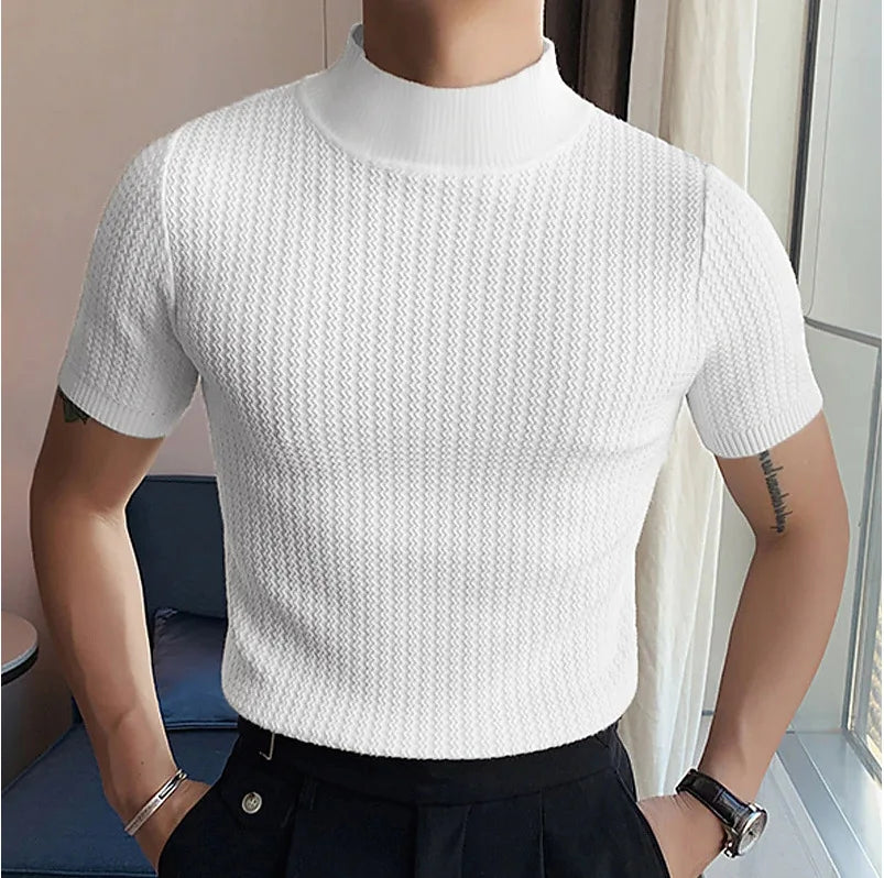 Men's High Neck Water Ripple Knitted T-Shirt — Slim Fit Breathable Casual Summer Top | 4 Colors S–XXXL
