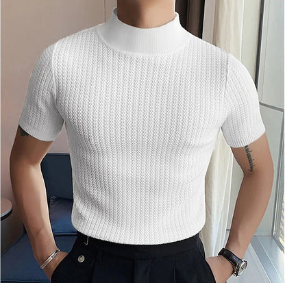 Men's High Neck Water Ripple Knitted T-Shirt — Slim Fit Breathable Casual Summer Top | 4 Colors S–XXXL