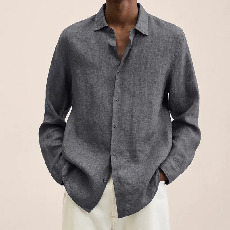 Men's Solid Color Long Sleeve Casual Shirt — Lapel Button-Up Loose Fit Smart Casual Top