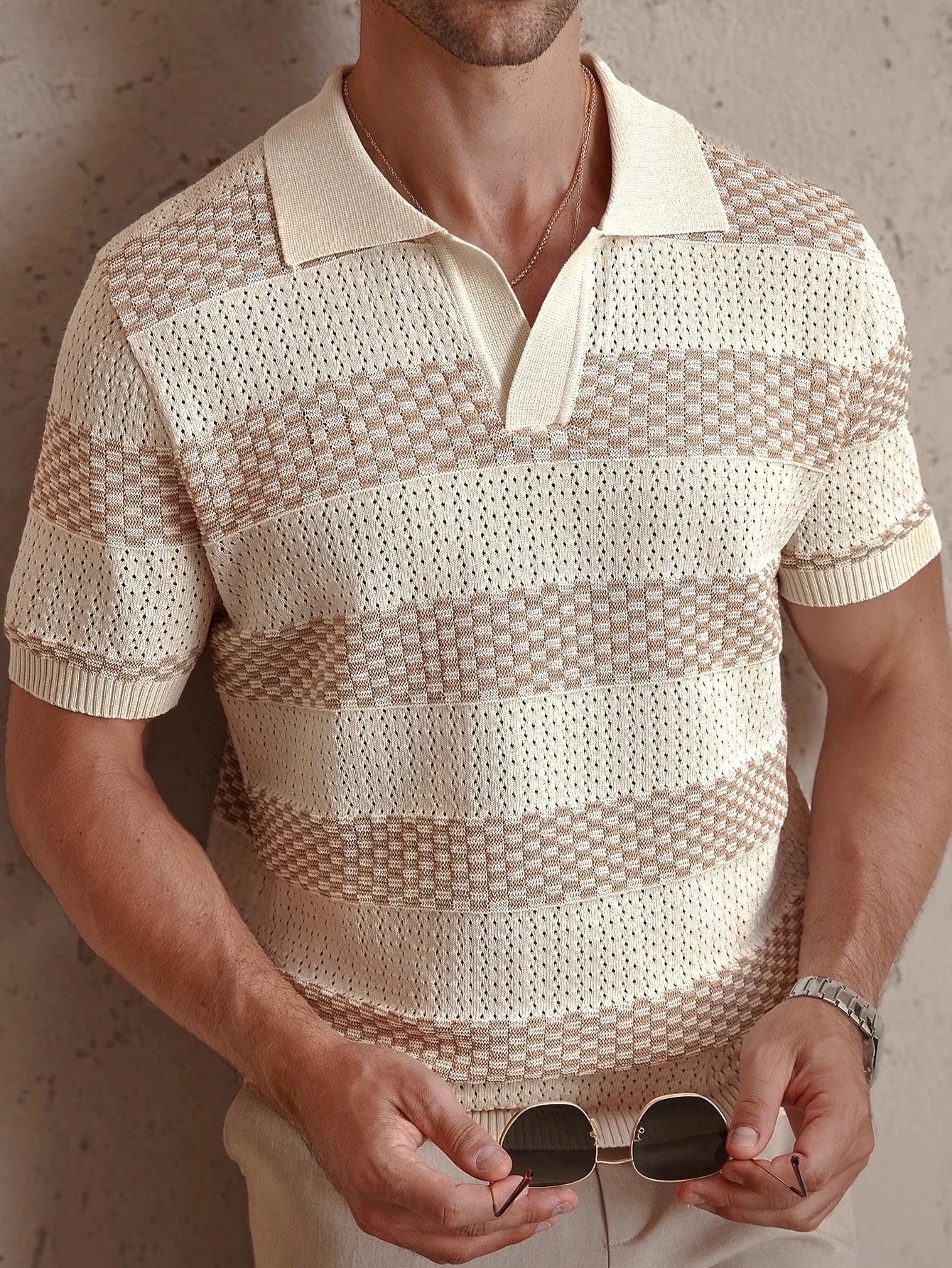 Men's Contrast Color Knitted Polo Shirt — Turn-Down Collar Short Sleeve Summer Top