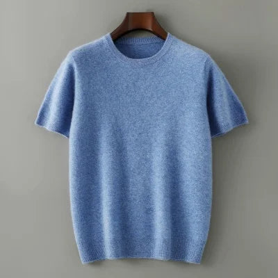Men's 100% Pure Cashmere Knitted T-Shirt — Luxury Round Neck Short Sleeve Top