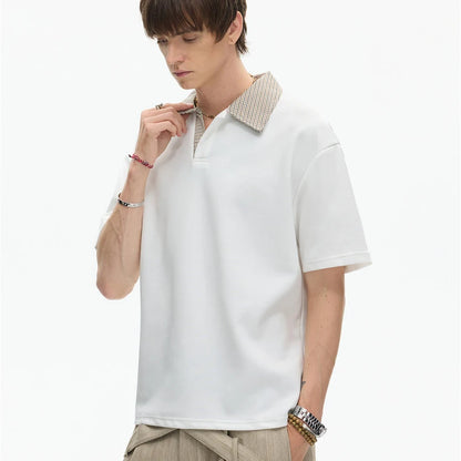 Men's Houndstooth Plaid Collar Polo Shirt — American Style Fake Two-Piece Business Casual Tee Top