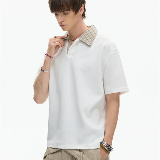 Men's Houndstooth Plaid Collar Polo Shirt — American Style Fake Two-Piece Business Casual Tee Top