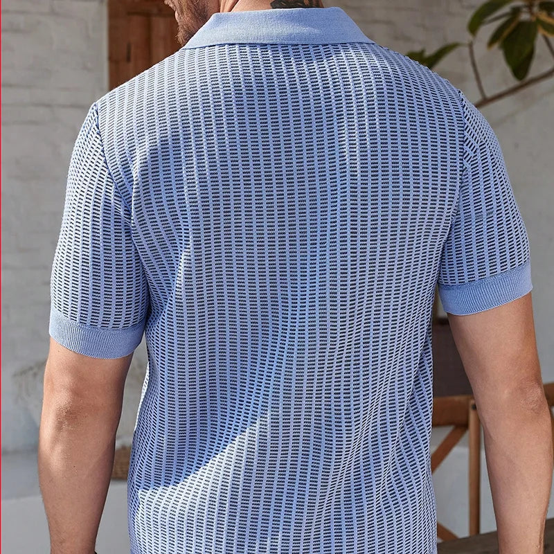 Men's Cable Knit Polo Shirt — Short Sleeve Textured Stretchy Golf Casual Top