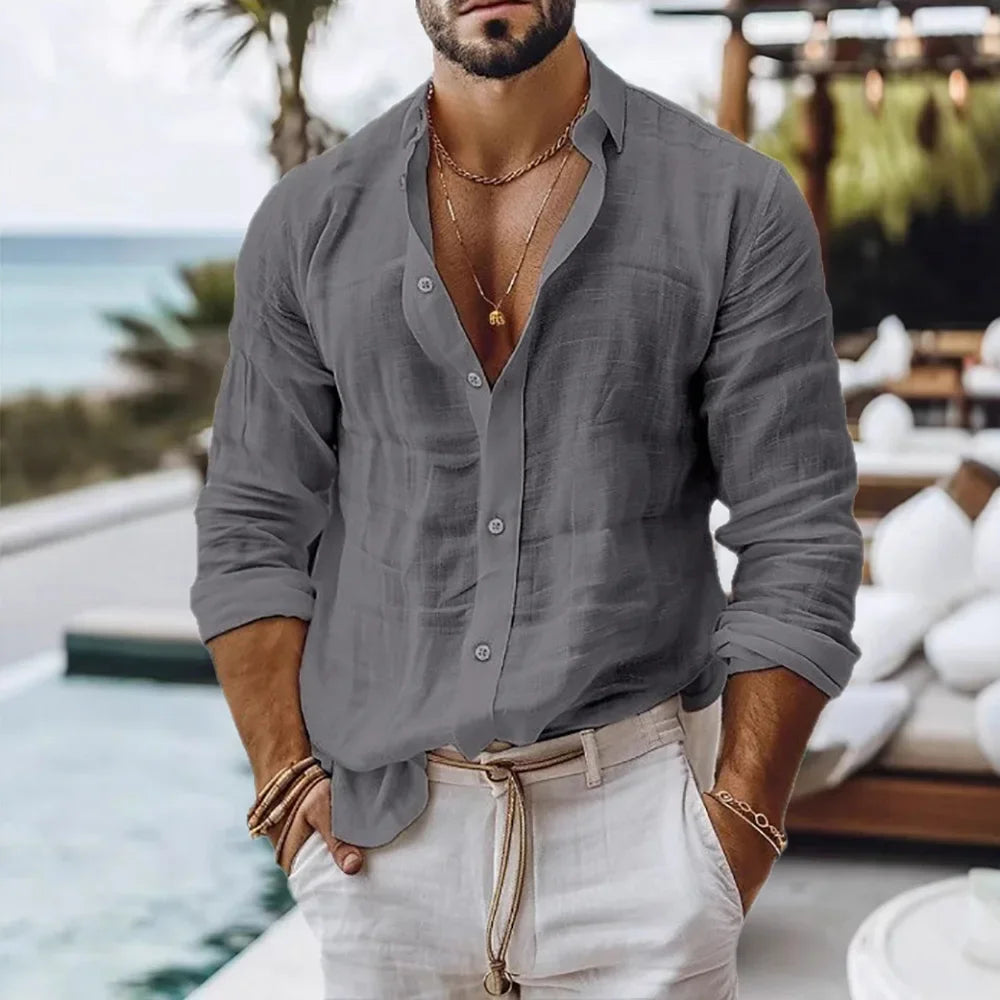 Men's Cotton Linen Long Sleeve Shirt — Solid Color Breathable Casual Button Top