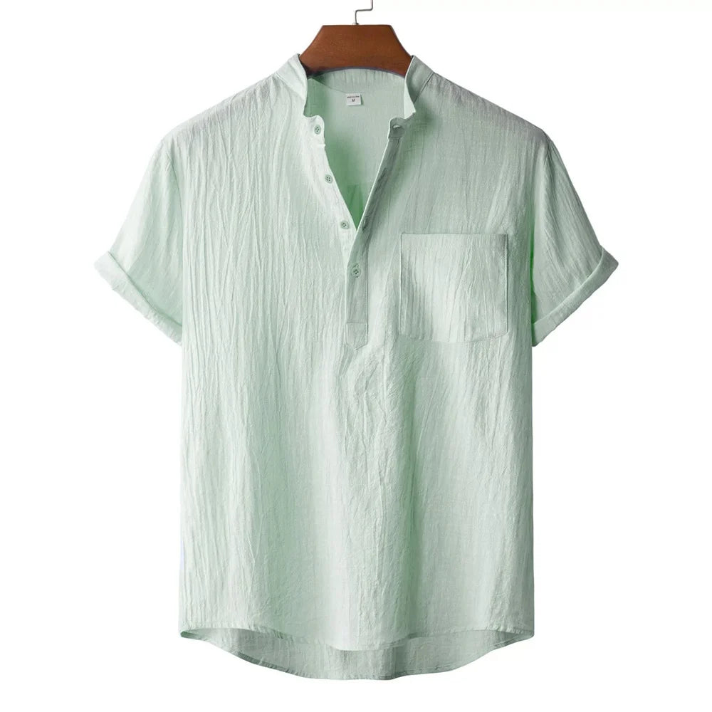 Men's Cotton Linen Henley T-Shirt — Lightweight Breathable Beach Casual Short Sleeve Top