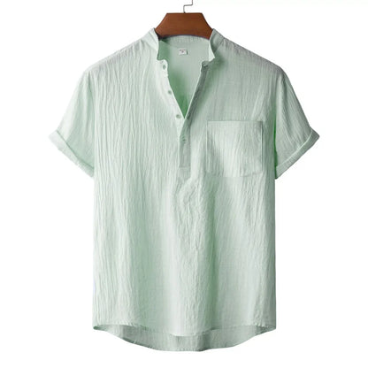 Men's Cotton Linen Henley T-Shirt — Lightweight Breathable Beach Casual Short Sleeve Top