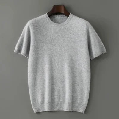 Men's 100% Pure Cashmere Knitted T-Shirt — Luxury Round Neck Short Sleeve Top