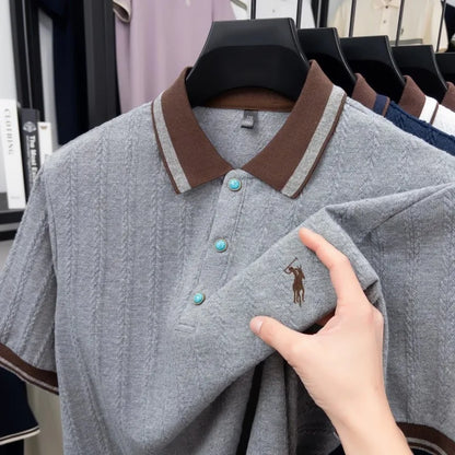 Men's Embroidered Knit Polo Shirt — Breathable Contrast Color Short Sleeve Korean Casual Top