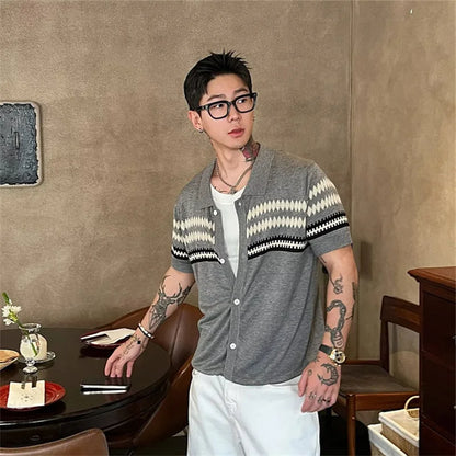 Men's Color-Block Argyle Knit Polo Shirt — Short Sleeve Preppy Streetwear Top