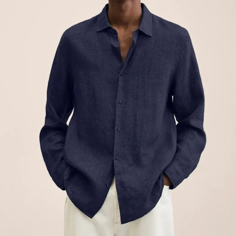 Men's Solid Color Long Sleeve Casual Shirt — Lapel Button-Up Loose Fit Smart Casual Top