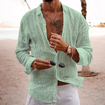 Men's Cotton Linen Casual Shirt — Loose Solid Long Sleeve Button-Up | 12 Colors S–XXXL