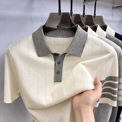 Men's Color Block Knitted Polo Shirt — Short Sleeve Striped Casual Summer T-Shirt Korean Style