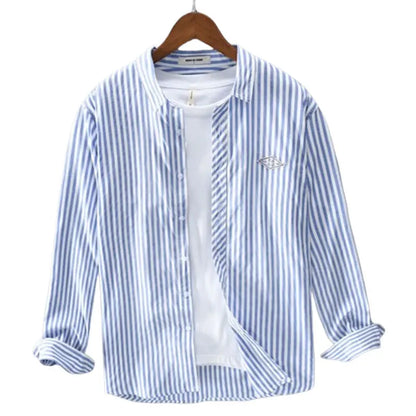 Men's Striped Long Sleeve Shirt — Square Neck Button Slim Fit Casual Outerwear